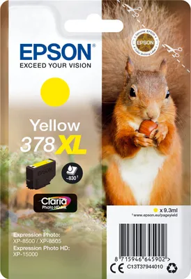 Zdjęcie produktu dla Epson Squirrel Singlepack Yellow 378XL Claria Photo HD Ink, Wysoka (XL) wydajność, Żółty, Tusz na bazie pigmentu, 9,3 ml, 1 szt., 830 stron(y)