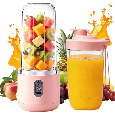 Tragbarer Mixer, 6 Klingen, 2 Becher, USB-C, 1500 mAh, 400 ml, Rosa