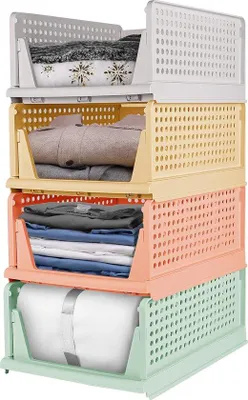 Obrázok produktu pre Unyqoos® Skladací organizér do šatníka (sada 4 kusov) – stohovateľné úložné boxy z PP plastu, 43×32,5×18,5 cm, vodotesné, s koľajničkami na zásuvky, viacfarebné