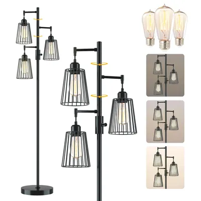 Produktbild von Industrielle Stehlampe, 3 x 1200LM LED Leuchtmittel inklusive, helle 3-flammige dimmbare Stehlampe,  hohe Stehleuchte für Wohnzimmer, Schlafzimmer