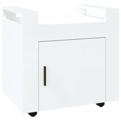A white rolling cabinet with a single door and a dark handle.