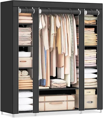 Produktbild von Kleiderschrank - Garderobenschrank mit Stoffhülle - 12 Fächer - Metallgestell - Für Schlafzimmer/Ankleidezimmer - Schwarz