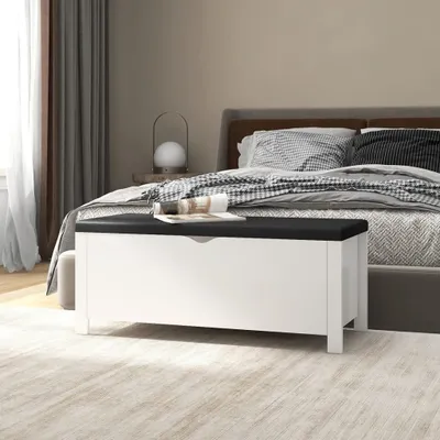 Obrázok produktu pre The Living Store Lavica s úložným priestorom a vankúšmi Biela 105x40x45cm Materiál na báze dreva