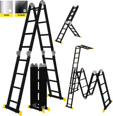 A collage of a multi-purpose ladder shown in various configurations against a white background.