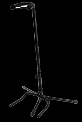A black guitar stand against a black background.