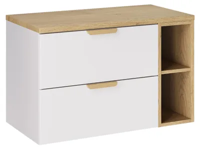 Zdjęcie produktu dla Zestaw Łazienkowy 80 Cm Z Blatem Dąb I Szafką 2 Szuflady Biały