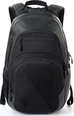 A black backpack is shown against a white background.