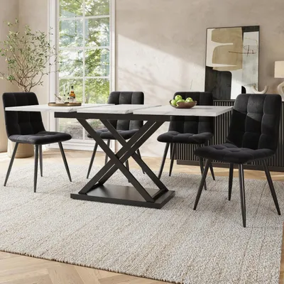 Image de Ensemble de salle à manger comprenant une table extensible et 4 chaises, blanc, dimensions 160x80x75 cm, chaises en velours noir