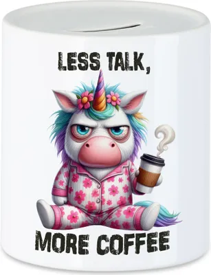 Produktbild von Less Talk More Coffee Lustiges Einhorn Spardose Kaffee Spruch Morgenmuffel Geschenkidee