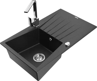 Produktbild von Mexen Cesar 1 Becken-Granitspüle mit Abtropffläche und Mischbatterie Rita, Schwarz/Silbermetallic - 6514-73-670300-00