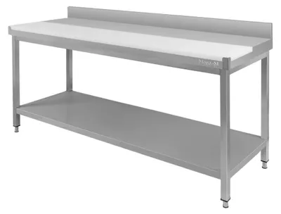 Zdjęcie produktu dla Kuchenny stół gastronomiczny ze stali nierdzewnej przyścienny z płytą polietylenową i półką Mega-M 180x60x85 cm