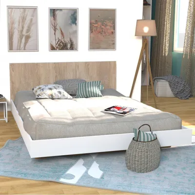 Produktbild von BETT LOFT / BETT 140x190 cm + Lattenrost + Kopfteil - Weiß & gebleichte Eiche