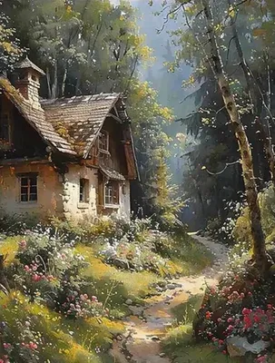 Produktbild von Malen nach Zahlen: Häuschen am Waldweg, 50x40 cm, mit Rahmen