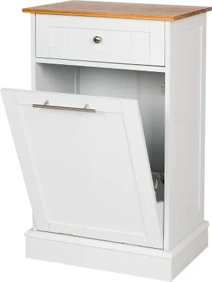 Image de Armoire haute pour linge ou meuble poubelle en bois/bambou, meuble haut pour collecteur de linge, pliable avec tiroir, idéal pour la salle de bain ou la cuisine, dimensions : 51 x 37 x 82 cm, couleur : blanc