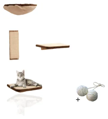 Produktbild von Rohrschneider Vierteilige Katzen Kletterwand Katzenmöbel Wandmontage Wandelemente Katzenspielzeug mit Wandliege für Katzen Wandpark mit Katzenhängematte Zubehör, Farbe:beige/braun