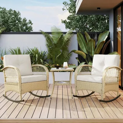 Obrázek produktu pro Flieks zahradní lounge set balkonový nábytek ratan, houpací křeslo pro 2 osoby, zahradní stůl se skleněnou deskou, lounge terasový nábytek balkonový set 3dílný, béžový