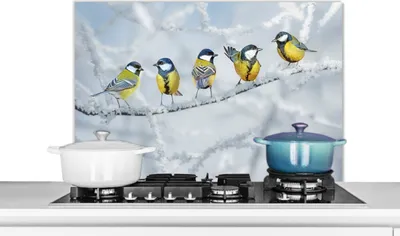 Produktbild von KitchenYeah®  Spritzschutz Küche - Küchenrückwand - Wandschutz für Herd und Spüle - Vogel - Kohlmeise - Winter - Schnee - Zweige 80x55 - Alu-Dibond (Alternative zum Spritzschutz aus Glas) - Hitzebestä