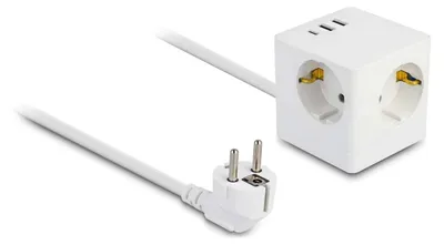 Produktbild von DeLOCK Steckdosenwürfel mit Verlängerungskabel 3-fach mit Kindersicherung und USB Ladegerät, 1,5 m Kabel, weiß, CEE 7/3 + USB, Weiß, 250 V, 16 A, 50 Hz, 3680 W