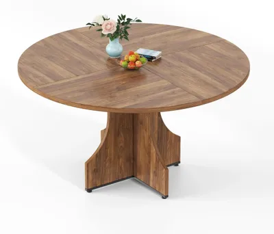Image de Table ronde de 120 cm - Table en bois pour cuisine - 4 personnes - Design moderne - Structure en forme de X - Gain de place - Noyer
