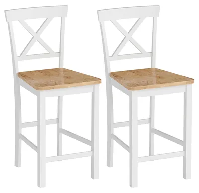 Image de Tabouret de bar - Tabouret de cuisine - Tabouret avec dossier - Lot de 2 - Bois d'hévéa - Chêne naturel et blanc