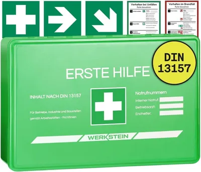 Produktbild von Erste Hilfe Kasten Small mit Inhalt nach DIN 13157 I Verbandskasten Betrieb inkl. praktischer Wandhalterung & 5x Aufkleber I Verbandskasten DIN 13157
