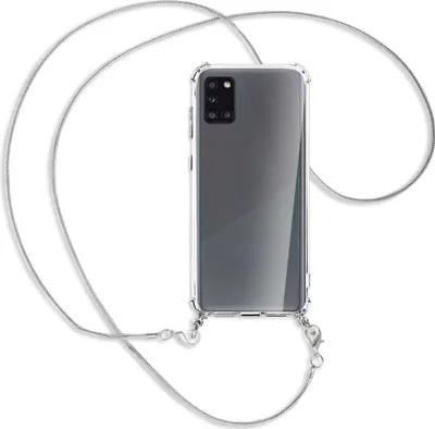Produktbild von Handykette Backcover-Schutzhülle mit Band (Metall silberfarben) für Samsung Galaxy A31 - silberfarbene Kette Snake