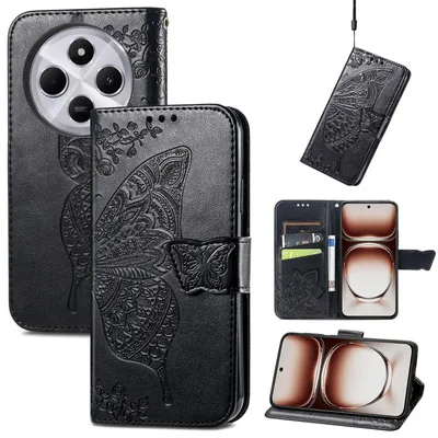 Produktbild von Für Xiaomi Redmi 14C Kunstleder Wallet Handy Tasche Schmetterling Design Hülle Etuis Schwarz