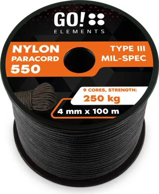 Produktbild von GO!elements 100m Paracord Seil aus reißfester Nylonschnur - 4mm Paracord 550 Typ III Schnur - geeignet als Allzweckseil & Reepschnur - Max. 250kg, Farbe: Schwarz