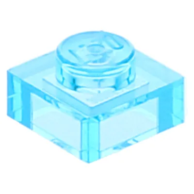 A single transparent light blue LEGO brick is shown against a white background.