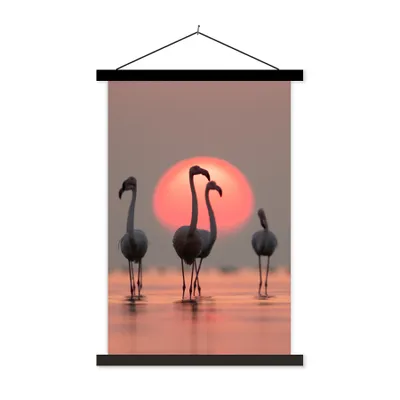 Produktbild von MuchoWow® Textilposter Vogel - Flamingo - Sonnenuntergang - Rosa 120x180 cm mit schwarzem Rahmen - Fotos