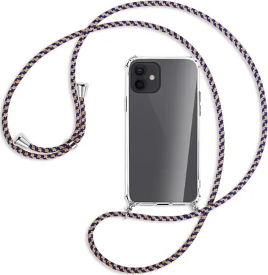 Produktbild von Handykette Backcover-Schutzhülle mit Band (Metall silberfarben) für Apple iPhone 12, 12 Pro - blau+beige