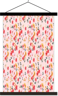 Produktbild von MuchoWow® Textilposter Blumen - Rosa - Muster 60x90 cm mit schwarzem Rahmen - Poster Wohnzimmer