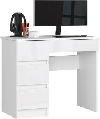 Image de Bureau d'ordinateur pour adolescents A-7 avec 4 tiroirs en blanc laqué pour chambre d'enfant et chambre d'adolescent