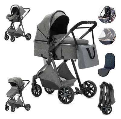 Produktbild von Luxus Multifunktionale 3-in-1 Kombi-Kinderwagen – Qualitative Buggy – Zusammenklappbarer Kinderwagen – Dunkelgrau – Inkl. Autositz