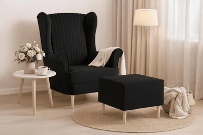 Produktbild von Ohrensessel, Sessel aus Samstoff, Stuhl, Sitzmöbel, Polstersessel, Relaxsessel - Sessel Comfy mit Hocker - Schwarz (Manila 18)
