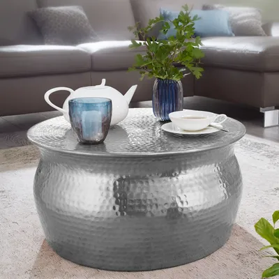 Zdjęcie produktu dla Stolik kawowy FineBuy, okrągły, 60 cm, metal srebrny, design aluminiowy, stolik do salonu, ręcznie wykonany - orientalny stolik pomocniczy z aluminium, styl "młotkowany"