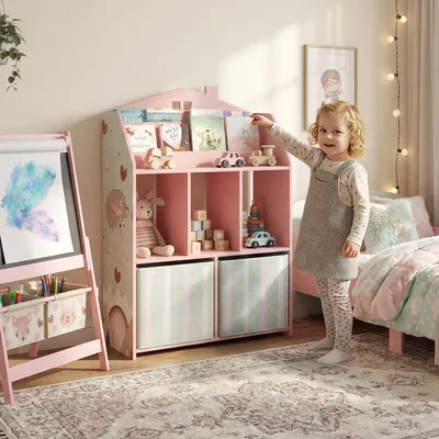 Produktbild von Sweiko Kinderregal Bücherregal Kinder mit 2 Stoffschubladen offen Regal für 3-8 Jahre 62,5x30x91,5 cm Rosa
