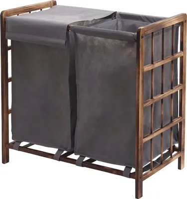Obrázek produktu pro Koš na prádlo HWC-B60, Box na prádlo Koš na prádlo, masivní dřevo 2 přihrádky 60x60x33cm 68l  hnědá, víko šedé