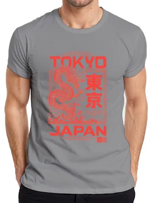 Productafbeelding van Tokyo, Japan. Mysterieus oosters draak. Streetwear. Y2K. Azië. Heren T-shirt, grijs, maat L