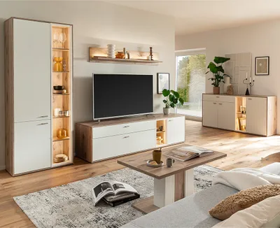 Produktbild von Wohnmöbel Set in Eiche und weiß modern mit Couchtisch & LED-Beleuchtung, 5-teilig - SAGUNTO-05