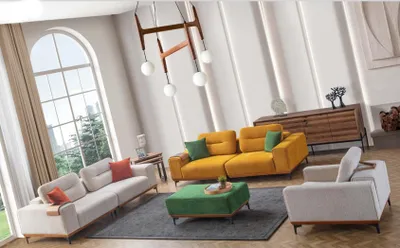 Produktbild von Großes Wohnzimmer Set 3 Textil Sofas Polsterhocker 3x Beistelltische