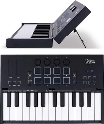 Immagine prodotto di Tastiera MIDI pieghevole, con 25 tasti, interfaccia USB MIDI, 8 pad per batteria RGB, connettività Bluetooth MIDI, software Cubase LE, batteria ricaricabile, design compatto ideale per lo studio