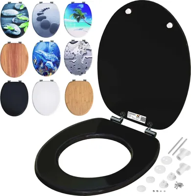 A collection of toilet seats with various designs and a black toilet seat with its lid open, along with installation accessories.