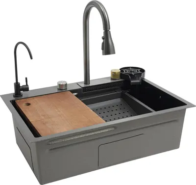 Produktbild von Küchenspüle - Doppelbecken - Edelstahl - Unterbau - 68×45×21 cm - Rechteckig - Mit Armatur - Dunkelgrau