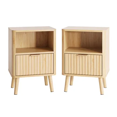 Produktbild von FCH Nachttisch, 2er Set, mit Schublade und offenem Fach, Nachtkästchen Gitterdesign, für Schlafzimmer, 40x30x56cm, Eichen