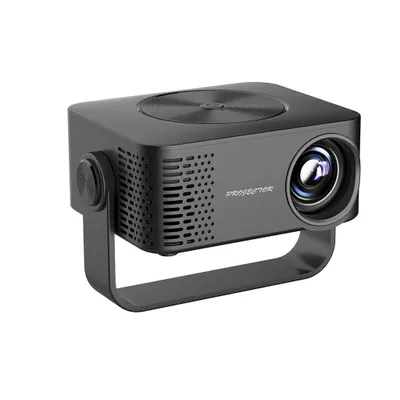 A black mini projector on a white background.