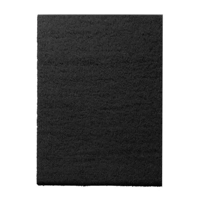 A black shaggy rug is shown from a top-down perspective on a white background.