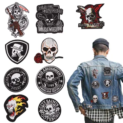 Produktbild von Aufnäher Totenkopf - Bestickte Applikationen zum Aufbügeln - Für Kleidung Jeans und Schuhe - 8-10 cm - 9 Stück