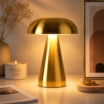 Produktbild von LED-Pilzlampe, tragbare Metall-Schreibtischlampe,USB-Aufladung Nachttischlampe, dreifarbiges Touch-Kabellos Dimmen, Augenschutz-Nachtlicht, Gold