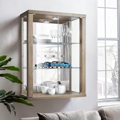 Produktbild von K-Möbel Wandvitrine (80x60x25cm) -  Germany - Glasvitrine hängend mit 2 höhenverstellbaren Glasböden aus ESG, Spiegel & LED in Sonoma Eiche